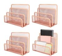 TUSAUW 4 Pieces Desk Mail Organizer, Desktop Letter Holder, Metal File Holder with 3-Slot, Desktop File Organizer Metal Mesh with 3 Vertical Upright Compartments(Rose Gold)