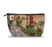 Tuscan Print,Makeup Bag Cosmetic Bag for Women,Mediterranean Tuscan House Colorful Flowers,Large Capacity Travel Accessories Organizer Storage Makeup Bags,Multicolor(Trapezoid)