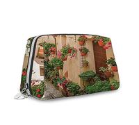 Tuscan Print, Makeup Bag Cosmetic Bag,Mediterranean Tuscan House Colorful Flowers,Leather Organizer Make Up Bag Reusable Toiletry Bag,Multicolor,M