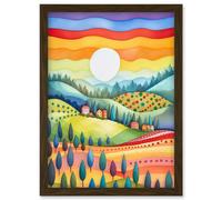 Tuscan Rolling Hills At Sunrise Abstract Folk Art Artwork Framed Wall Art Print A4 Artery8 Brown One Size