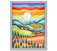 Tuscan Rolling Hills At Sunrise Abstract Folk Art Artwork Framed Wall Art Print A4 Artery8 Light Grey One Size