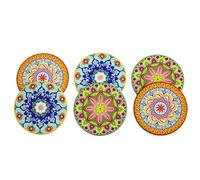 Tuscany Ceramic Coasters Set Of 6, Mediterranean Mandala Design, Multicoloured with Cork Base, 10cm Round, Heat-Resistant, Decorative Drink Mats