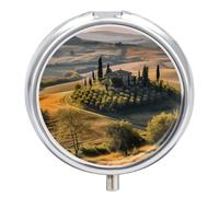 Tuscany Landscape Travel Pill Box Case 3 Compartment Cute Pill Organizer Metal Pill Holder with Mirror Small Medicine Organizer Daily Pill Container for Purse Pocket Portable Meds Box