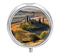 Tuscany Landscape Tree Scenery Farm Pill Organizer 3 Compartment Small Pill Case Round Medicine Organizer Box Portable Travel Pill Box and Vitamin Containers for Supplement Fish Oil Planner