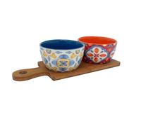 Tuscany Set of 2 Ceramic Snack Bowls with Wooden Paddle Serving Tray - 25cm