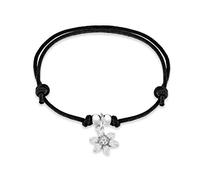 Tuscany Silver Women's Sterling Silver 9.8 mm Flower on Black Cord Adjustable Friendship Bracelet of Length 15 cm/6 Inch-25.5 cm/10 Inch