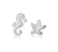 Tuscany Silver Women's Sterling Silver CZ Starfish and Seahorse Asymmetric Stud Earrings