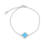 Tuscany Silver Women's Sterling Silver Rhodium Plated 11mm Clover Syn Turquoise and 1.1mm White CZ Adjustable Bracelet 16cm/6.25" 19cm/7.5"
