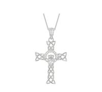 Tuscany Silver Women's Sterling Silver Rhodium Plated Celtic Claddagh CZ Cross Pendant with Rhodium Plated 25 Panza Curb Chain 46cm/18'