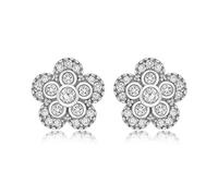 Tuscany Silver Women's Sterling Silver Rhodium Plated Cubic Zirconia Flower Stud Earrings
