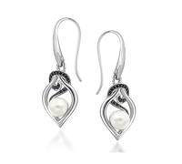 Tuscany Silver Women's Sterling Silver Rhodium Plated Love Knot Earring with Black Cubic Zirconia and White Pearl