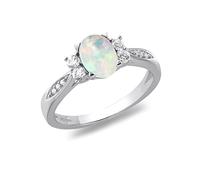 Tuscany Silver Women's Sterling Silver Rhodium Plated Oval Synthetic Opal and White CZ 9mm x 7mm Tapered Shoulder Ring #60