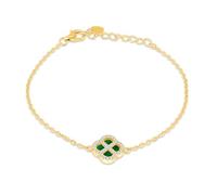 Tuscany Silver Women's Sterling Silver Yellow Gold Plated 11mm Clover Malachite and 1.1mm White CZ Adjustable Bracelet 16cm/6.25' - 19cm/7.5'