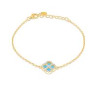 Tuscany Silver Women's Sterling Silver Yellow Gold Plated 11mm Clover Synthetic Turquoise and 1.1mm White CZ Adjustable Bracelet16cm/6.25' - 19cm/7.5