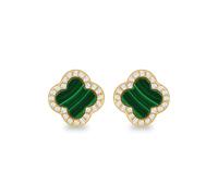 Tuscany Silver Women's Sterling Silver Yellow Gold Plated 11mm x 11mm Clover Malachite and 1mm White CZ Stud Earrings
