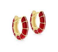 Tuscany Silver Women's Sterling Silver Yellow Gold Plated 15mm Red Squares Enamel Huggie Hoop Earrings