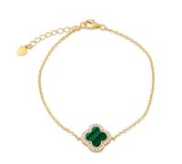 Tuscany Silver Women's Sterling Silver Yellow Gold Plated 15mm x 15mm Clover Malachite and 1mm White CZ Adjustable Bracelet 18cm/7' 20cm/8'