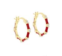 Tuscany Silver Women's Sterling Silver Yellow Gold Plated 2mm Round White CZs 20mm Red Enamel Hoop Creole Earrings