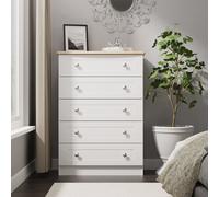 Welcome Furniture Ready Assembled Sussex 5 Drawer Chest In White Ash & Bardolino Oak, White