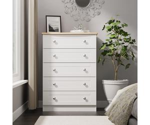 Tutbury Ready Assembled 5 Drawer Chest in White Ash & Bardolino Oak - Welcome Furniture | TJ Hughes