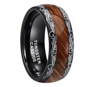 TUTISS 8mm Black Tungsten Rings for Men Women Whiskey Barrel Wood Inlay Vintage Baroque Frame Leaf Engagement Wedding Promise Band Domed Polished Shiny Comfort Fit, Metal, No Gemstone