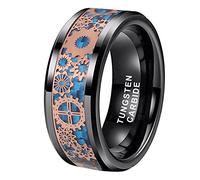 TUTISS 8mm Blue Green Red Carbon Fiber Steampunk Gear Inlay Gunmetal Tungsten Rings for Men Women Wedding Bands Beveled Edges Polished Comfort Fit, Non-Precious Metal, No Gemstone