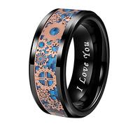 TUTISS 8mm Blue Red Green Carbon Fiber Steampunk Gear Inlay Silver and Black Tungsten Rings for Men Women Wedding Bands Beveled Edges I Love You Engraved Comfort Fit, Metal, No Gemstone