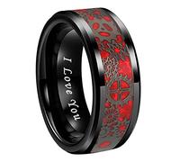 TUTISS 8mm Blue Red Green Carbon Fiber Steampunk Gear Inlay Silver and Black Tungsten Rings for Men Women Wedding Bands Beveled Edges I Love You Engraved Comfort Fit, Metal, No Gemstone