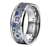 TUTISS 8mm Blue Red Green Carbon Fiber Steampunk Gear Inlay Silver and Black Tungsten Rings for Men Women Wedding Bands Beveled Edges I Love You Engraved Comfort Fit, Metal, No Gemstone