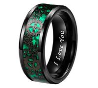 TUTISS 8mm Blue Red Green Carbon Fiber Steampunk Gear Inlay Silver and Black Tungsten Rings for Men Women Wedding Bands Beveled Edges I Love You Engraved Comfort Fit, Metal, No Gemstone