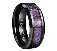 TUTISS 8mm Red Green Purple Carbon Fiber Celtic Dragon Inlay Black Tungsten Rings for Men Women Wedding Bands I Love You Engraved Comfort Fit, Metal, No Gemstone