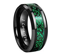 TUTISS 8mm Red Green Purple Carbon Fiber Celtic Dragon Inlay Black Tungsten Rings for Men Women Wedding Bands I Love You Engraved Comfort Fit, Metal, No Gemstone
