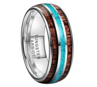 TUTISS 8mm Silver Black and Gunmetal Tungsten Rings for Men Women Wedding Bands Crushed Turquoise Koa Wood Inlay Domed Polished Comfort Fit