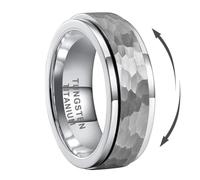 TUTISS 8mm Silver/Black/Gold Spinner Tungsten Titanium Fidget Rings for Men Women Anxiety Released Hammered Design Engagement Wedding Band Stepped Edges Comfort Fit, Metal, No Gemstone