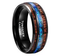 TUTISS Tungsten Rings for Men Women 8mm Silver/Black/Rose Gold Koa Wood Engagement Rings Blue Opal Inlay Domed I Love You Comfortable Fit 6 Metal No Gemstone