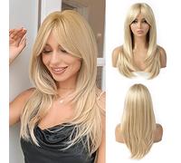 TuTive Blonde Wigs for Women Layered with Bangs 22 Inch Shoulder Length Mixed Color Synthetic Hair Wigs with Natural Looking for Daily Use