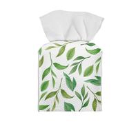 Tutolipy Green Leaves Print Tissue Box Cover, Aesthetic Square PU Leather Tissue Box Holder, Kleenex Case Facial Paper Cube Tissue Holder Decoration for Home Office Car
