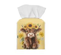 Tutolipy Sunflower Cow Tissue Box Cover Square, Leather Novelty Cube Box Holder Facial Paper Case Modern Table Napkin Organizer Home Decoration Highland Cow Western Yellow