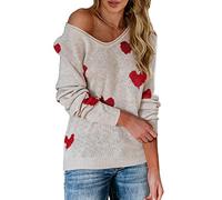 Tutorutor Womens Cute Love Heart Print Jumper Sweaters Oversized Off The Shoulder Loose Knitted Valentine Pullover Blouse Top - Medium