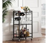 TUTOTAK Drinks Trolley, Bar Cart with 3-Tier Shelf, Serving Trolley with Wine Rack, Glass Holder, Rolling bar cart for The Home, Living Room, Black V1BC01BK035EU
