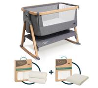 Tutti Bambini CoZee® Air Crib Bundle - Bedside Crib with 2 Sheets, Mattress Protector, and Mattress Included - Oak & Charcoal crib, Grey/Cloud sheets, Waterproof Protector