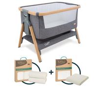 Tutti Bambini CoZee® Crib Bundle - Bedside Crib with 2 Sheets, Mattress Protector, and Mattress Included - Oak & Charcoal crib, Grey/Cloud sheets, Waterproof Protector (0-6 Months)