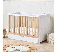 Tutti Bambini Riley Mini Baby Cot Bed with Drawer - 3-in-1 Baby Bed, Toddler Bed & Toddler Sofa, Convertible Cot Bed for Baby with 3 Mattress Heights, Cot from 0-4 Years, White & Oak (120 × 60 cm)