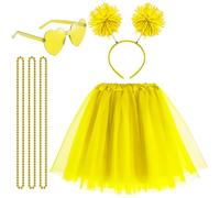 Tutu for Women Tutu Accessories Set Pom Pom Headband Tulle Tutu Skirt Heart Sunglasses Bead Necklaces, Yellow, Medium