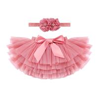 Tutu Skirt for Baby Girls Princess Fluffy Ruffle Tulle Layered Bubble Pettiskirt with Diaper Cover Bloomers Flower Headband Set Infant Photo Shooting Newborn Photography Props Watermelon Red 18-24M