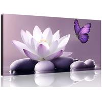 TutuBeer 1 Panel Purple Wall Art Purple Pictures Wall Decor Zen Stone Water Lily and Butterfly on the Lake Pictures Poster Spiritual Yoga Spa Painting for Living Room Bedroom, 8x16 Inches
