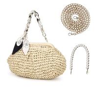 tutuebobe Straw Bag Clutch Purses for Women, Beach Woven Straw Crossbody Handbag with Pearl Chain, Dumpling Wicker Purse, White, 10.2 x 7.9 x 2.4 inches, Summer Beach Straw Bag