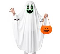 Tutukyle Halloween Ghost Costume Glow in the Dark Boy Girl, Glow in the Dark Ghost Outfit with Pumpkin Treat Bucket Temporary Tattoos, Perfect for Poncho Trick or Treat