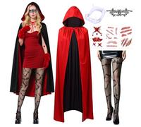 Tutukyle Halloween Vampire Costume Women Men with Hood Tights Scar Tattoo Sticker Black Red Double Sided Vampire Cape Adult for Cosplay Carnival