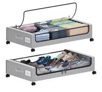 Tututry Under Bed Storage with Wheels, 2-Pack Under Bed Storage Containers, XXL 60L Under Bed Shoe Storage with Clear Lids & Label, Rolling Drawers & Storage box for Shoes,Clothes, Toys - Gray